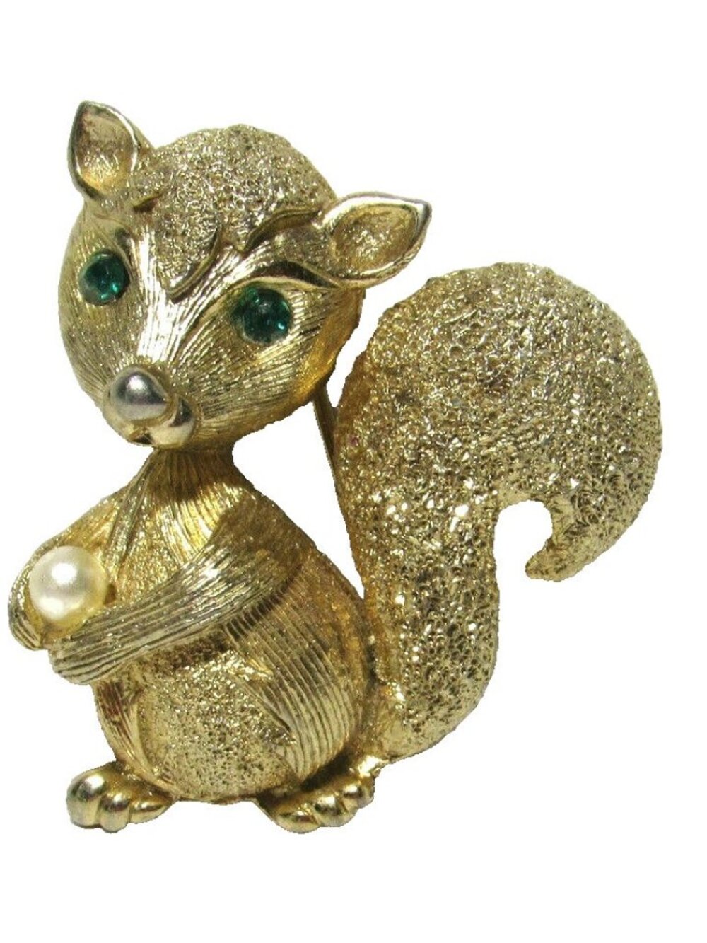 Vtg Squirrel Brooch Textured Gold-Tone Green Rhinestone Eyes Holding Nut
